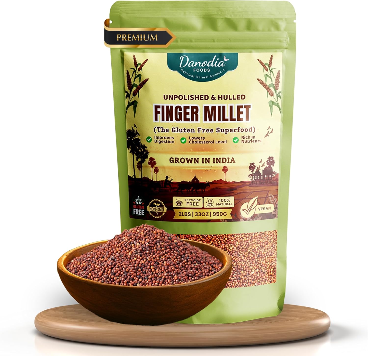 Danodia Foods Whole Grain Finger Millet (Ragi) - 2lbs (950g) | Organic, Hulled, Unpolished, Gluten-Free, Natural Superfood | High in Iron, Calcium, Fiber & Protein | Non-GMO, Plant-Based