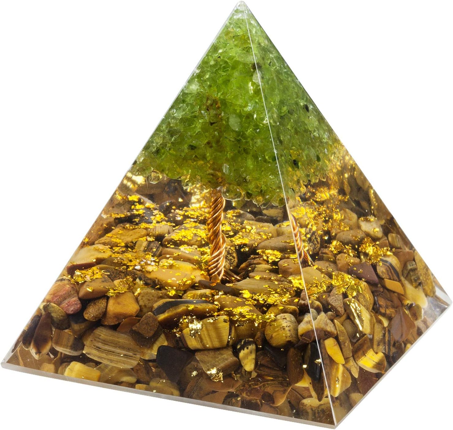 Nupuyai Tree of Life Peridot and Tiger's Eye Crystal Orgone Pyramid Stone for Protection, Reiki Healing Chakra Meditation Energy Generator for Home Decor