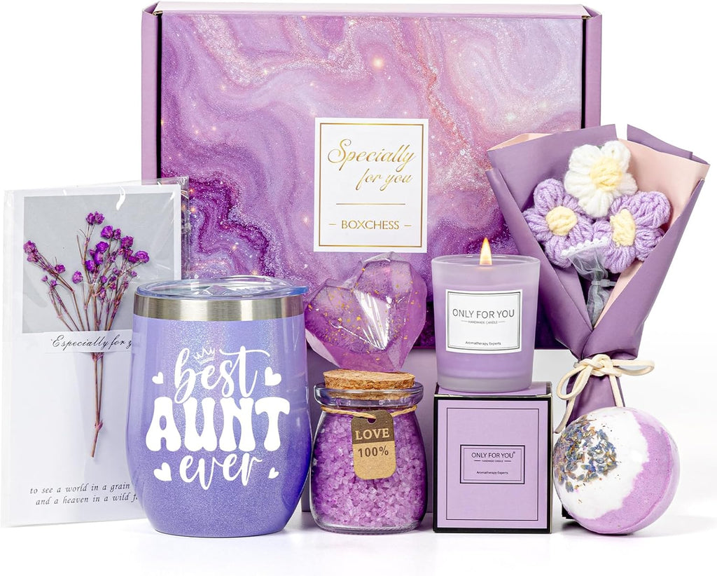 Aunt Gifts for Women, Best Auntie Brithday Gift Ideas Box from Niece Nephew, Promoted to New Auntie, Best Aunt Ever Tumbler Set Get Well Soon Self Care 7pcs Basket for Christmas, Mothers Day