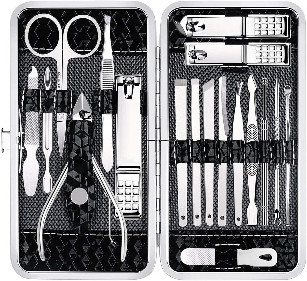Yougai Nail Clippers Set - 18 Pcs Professional Manicure Pedicure Kit for Men Women, Stainless Steel Fingernail Toenail Clippers Cutters, Nail Care Grooming Tools with Leather Travel Case