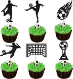Rsstarxi 24 Pack Soccer Cupcake Toppers Glitter Goal Game Trophy Football Sports Cupcake Picks Decoration for Football Theme Baby Shower Boys Birthday Party Cake Decorations Black