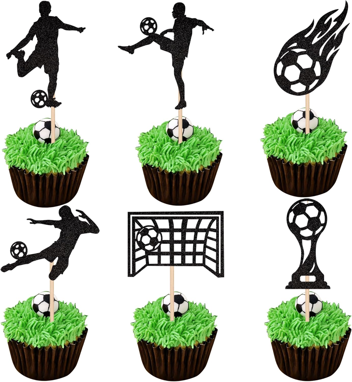 Rsstarxi 24 Pack Soccer Cupcake Toppers Glitter Goal Game Trophy Football Sports Cupcake Picks Decoration for Football Theme Baby Shower Boys Birthday Party Cake Decorations Black