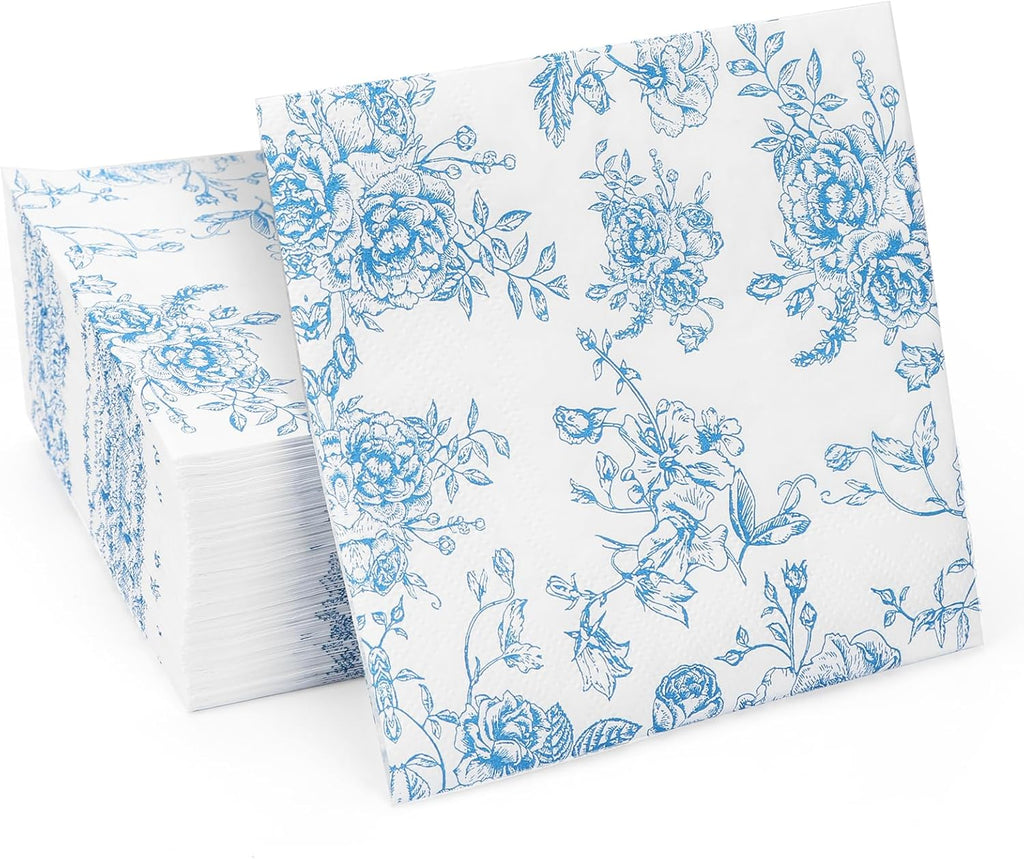 100 Pack Blue Floral Cocktail Napkins, Guest Hand Towels Disposable for Bathroom, Blue Floral Paper Napkins for Bridal and Baby Shower, Tea Party, Garden Party, Birthday Party