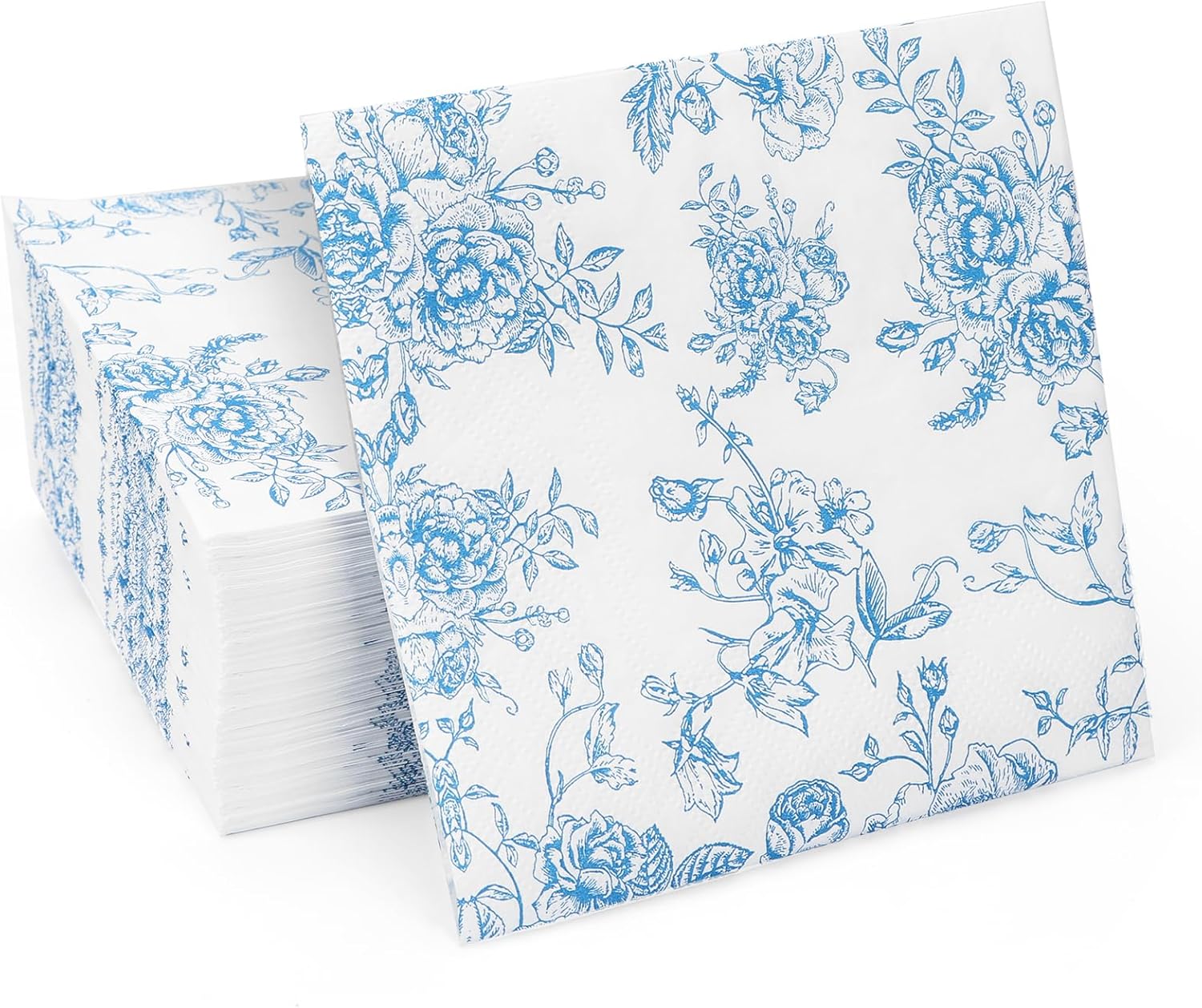 100 Pack Blue Floral Cocktail Napkins, Guest Hand Towels Disposable for Bathroom, Blue Floral Paper Napkins for Bridal and Baby Shower, Tea Party, Garden Party, Birthday Party