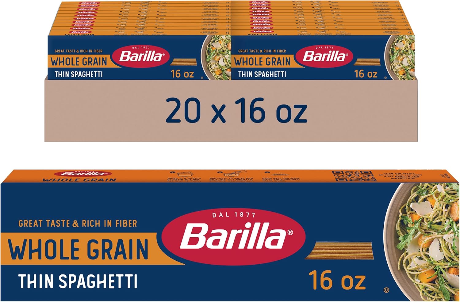 Barilla Whole Grain Thin Spaghetti Pasta, 16 oz. Box (Pack of 20) - Non-GMO, Made With 100% Whole Grain Durum Wheat - Great Source of Fiber