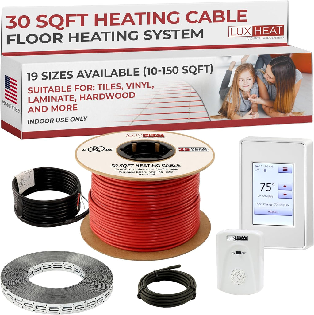 LuxHeat 30sqft Floor Heating Cable Kit - 120v Heated Floor Kit for Tile - Heated Flooring System Includes UDG4 Programmable Thermostat w/GFCI, Electric Heating Cable, Strapping, Sensor & Alarm