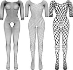 3 Packs Women Fishnet Bodysuits Mesh BodyStocking Fishnet Lingerie Long Sleeve Bodysuits One Piece Jumpsuit