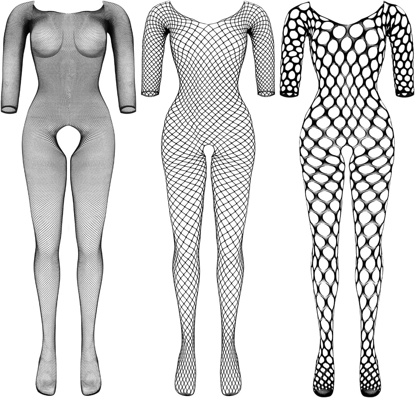 3 Packs Women Fishnet Bodysuits Mesh BodyStocking Fishnet Lingerie Long Sleeve Bodysuits One Piece Jumpsuit
