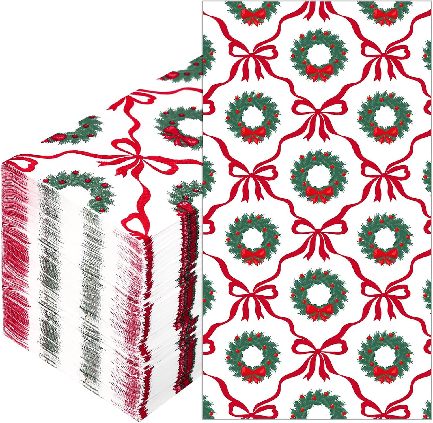 Potchen 100 Pcs Christmas Guest Paper Napkins Disposable Bathroom Hand Towels 3 Ply Bow Dinner Napkins for Xmas Bathroom Kitchen Decoupage Birthday Holiday Party Supplies(Christmas Wreaths and Bows)