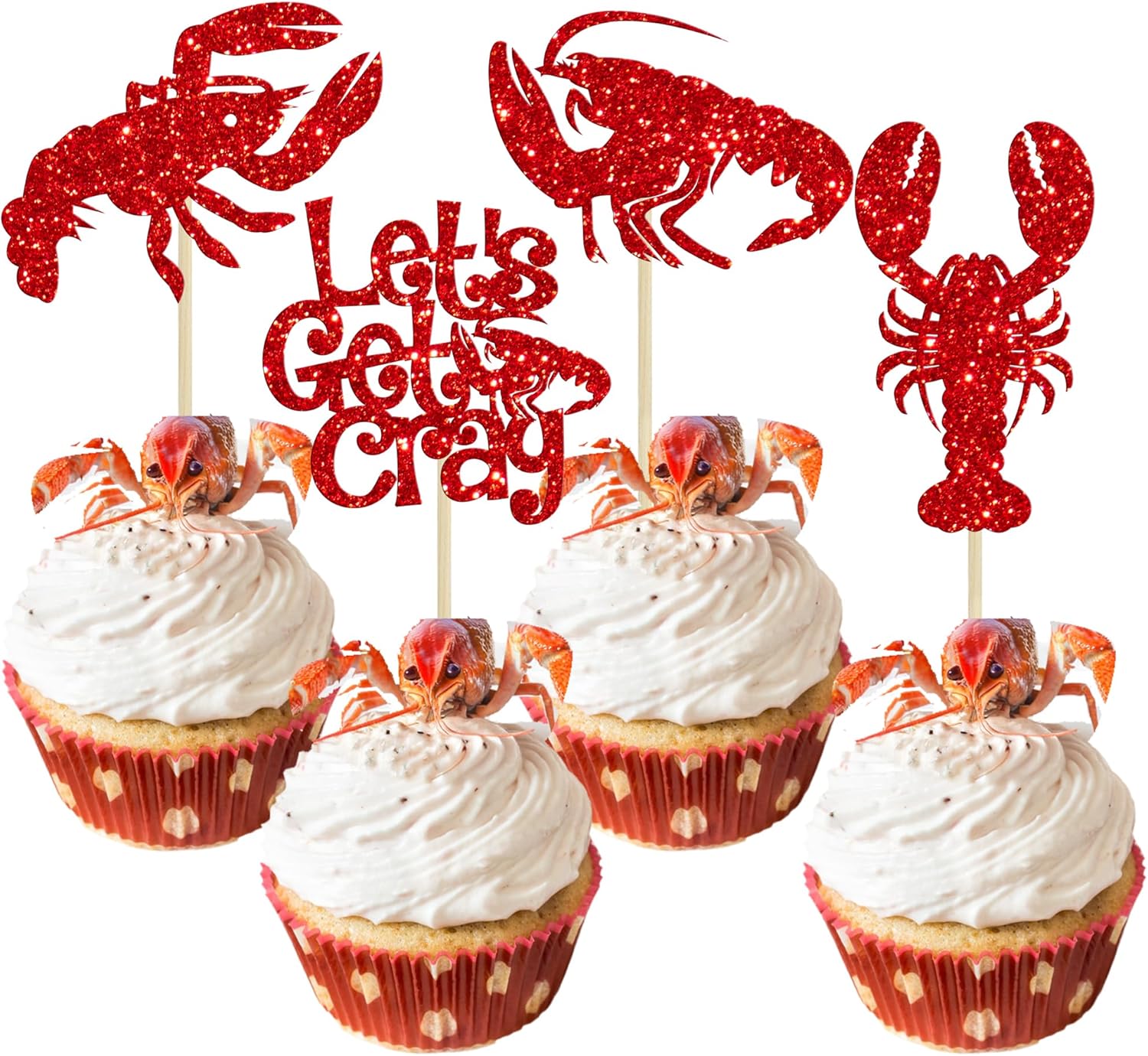 Gyufise 24Pcs Crawfish Cupcake Toppers Red Glitter Lobster Cupcake Picks Let's Get Cray Bachelorette Sea Animal Theme Baby Shower Kids Birthday Party Cake Decorations Supplies