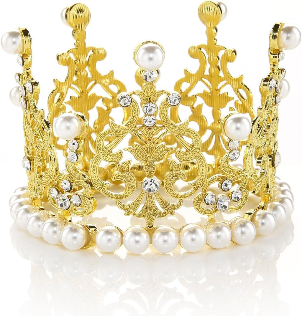 JANOU Crown Tiara Cake Topper Crystal Pearl Children Hair Ornaments for Wedding Birthday Party Cake Decoration (Gold)