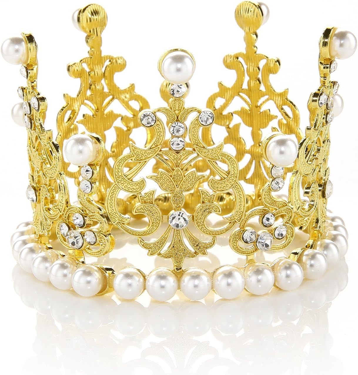 JANOU Crown Tiara Cake Topper Crystal Pearl Children Hair Ornaments for Wedding Birthday Party Cake Decoration (Gold)