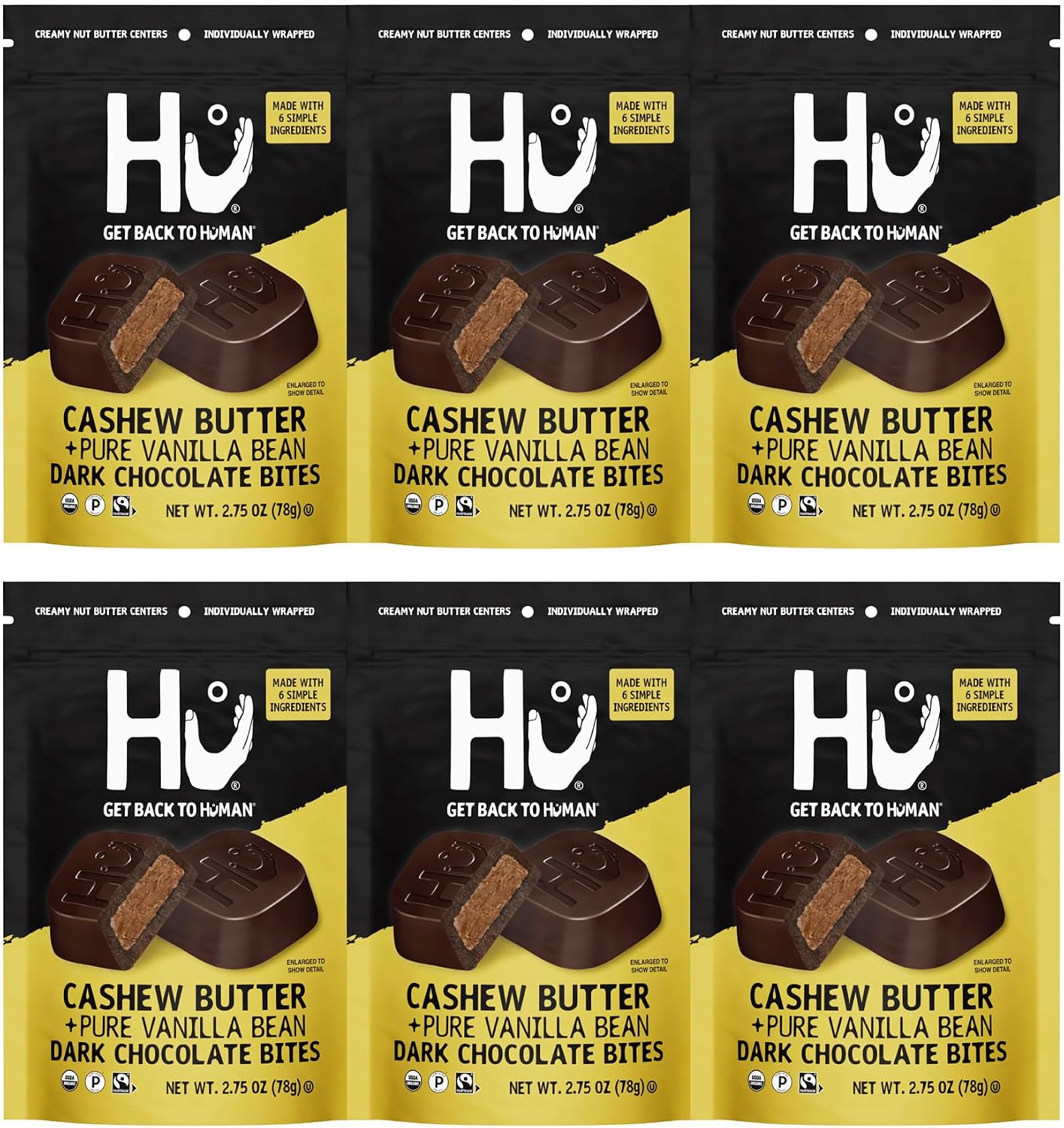 Hu Cashew Butter + Pure Vanilla Bean Dark Chocolate Bites 6 Pack | Natural Organic Vegan, Gluten Free, Paleo, Non GMO, Fair Trade Dark Chocolate