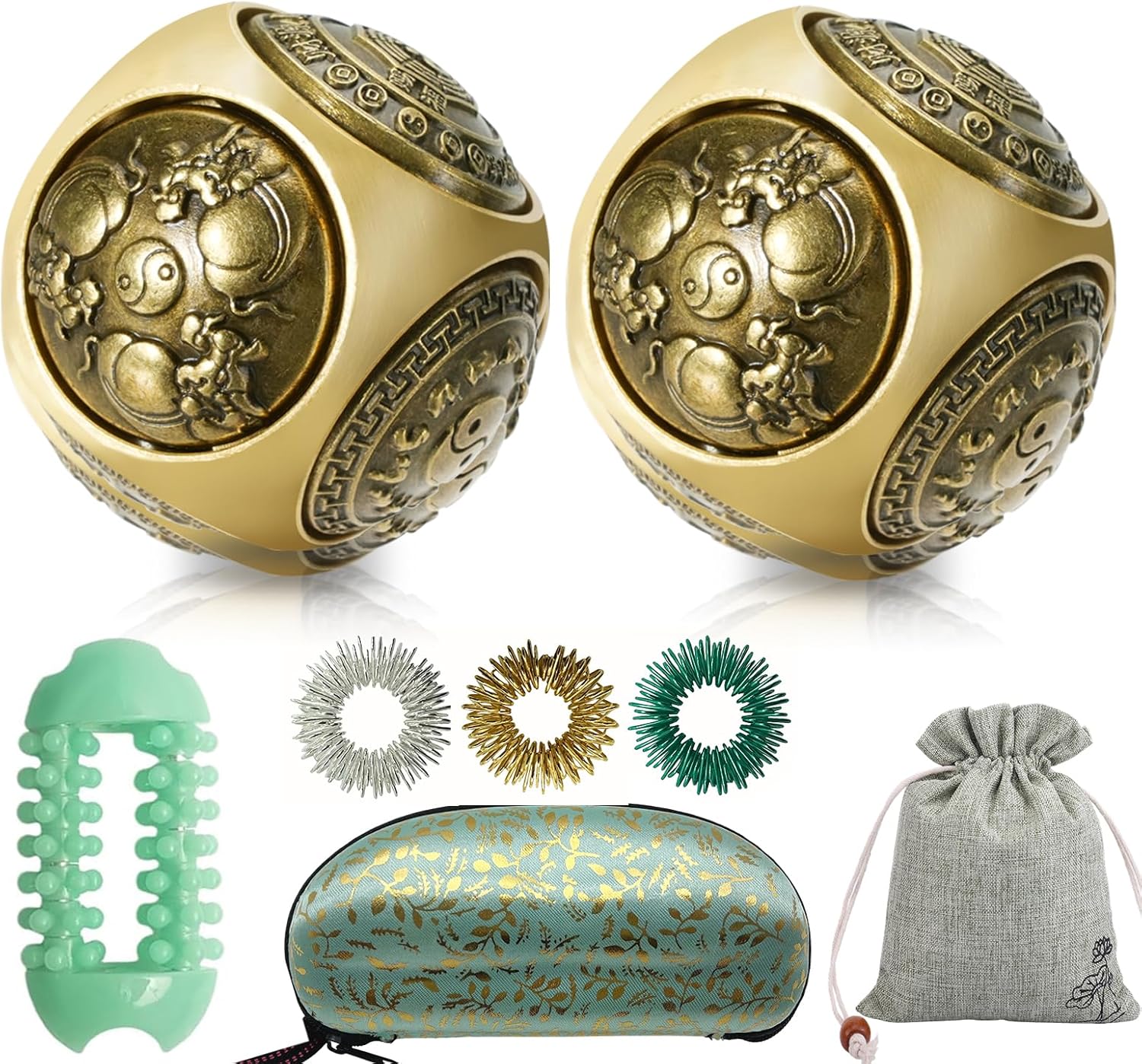 1.45in Baoding Balls Set Chinese Hand Massage Exercise Balls, Metal Stress Balls Six-Sided Rotation for Hands Therapy, Exercise, and Stress Relief