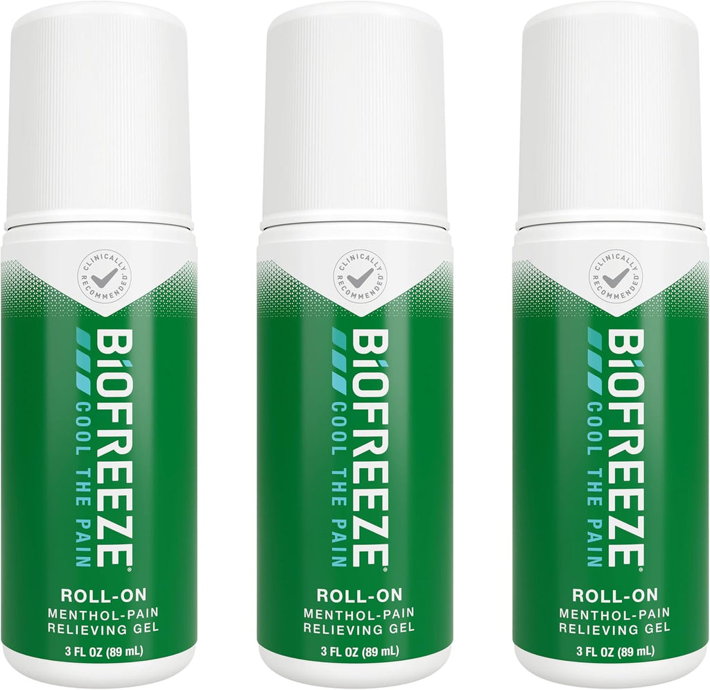 Biofreeze Roll On Pain Relief for Knee, Neck, Hip, Joint, Shoulder, & Simple Backache, Arthritis Pain Reliever, Sore Muscle Relief, Roll On Menthol Gel 3 Fl Oz (Pack of 3)