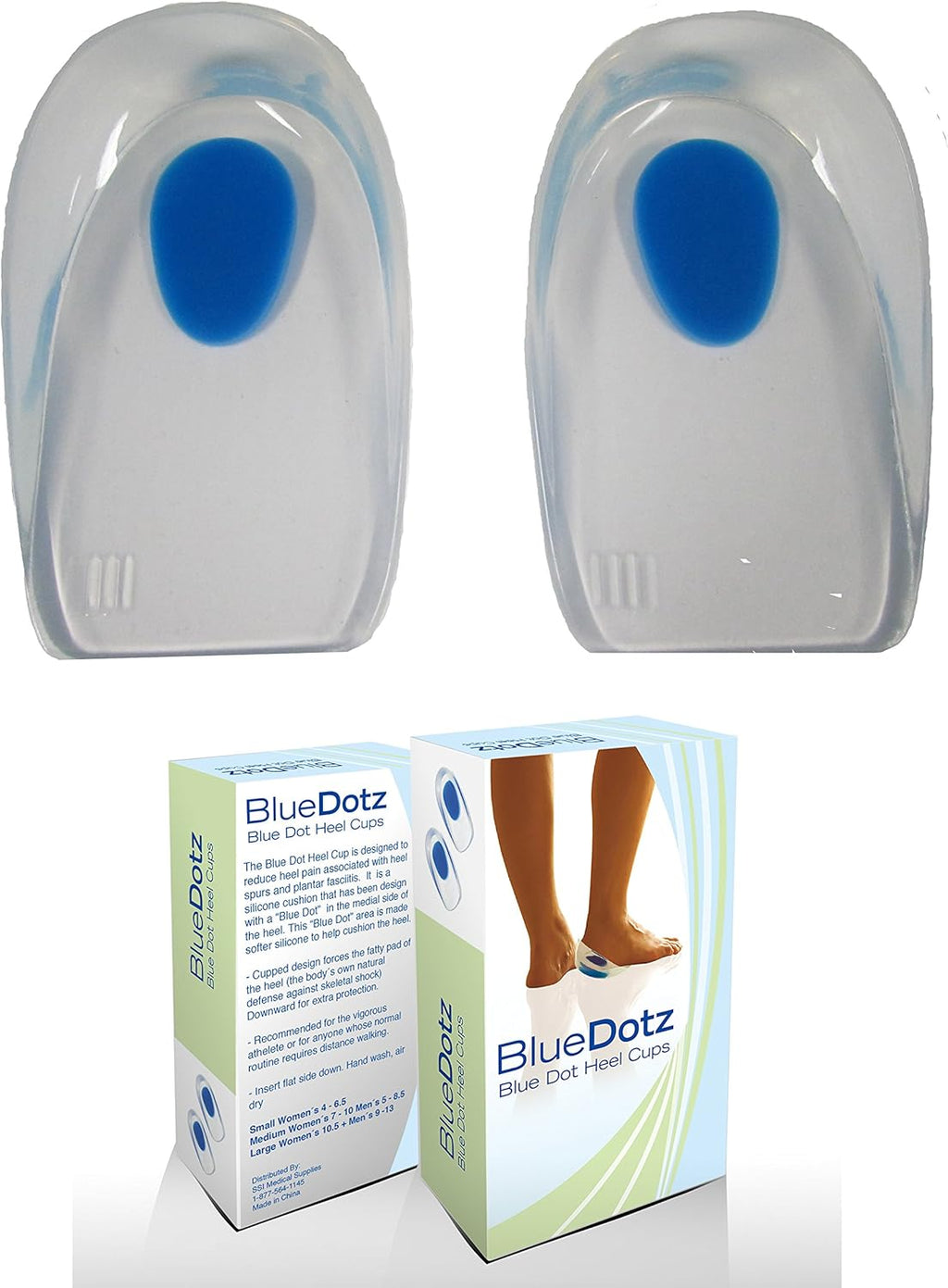 Silicone Gel Heel Cups by Blue Dotz - Shoe Inserts for Heel Pain (Large Women's 10.5+ Men's 9-13)