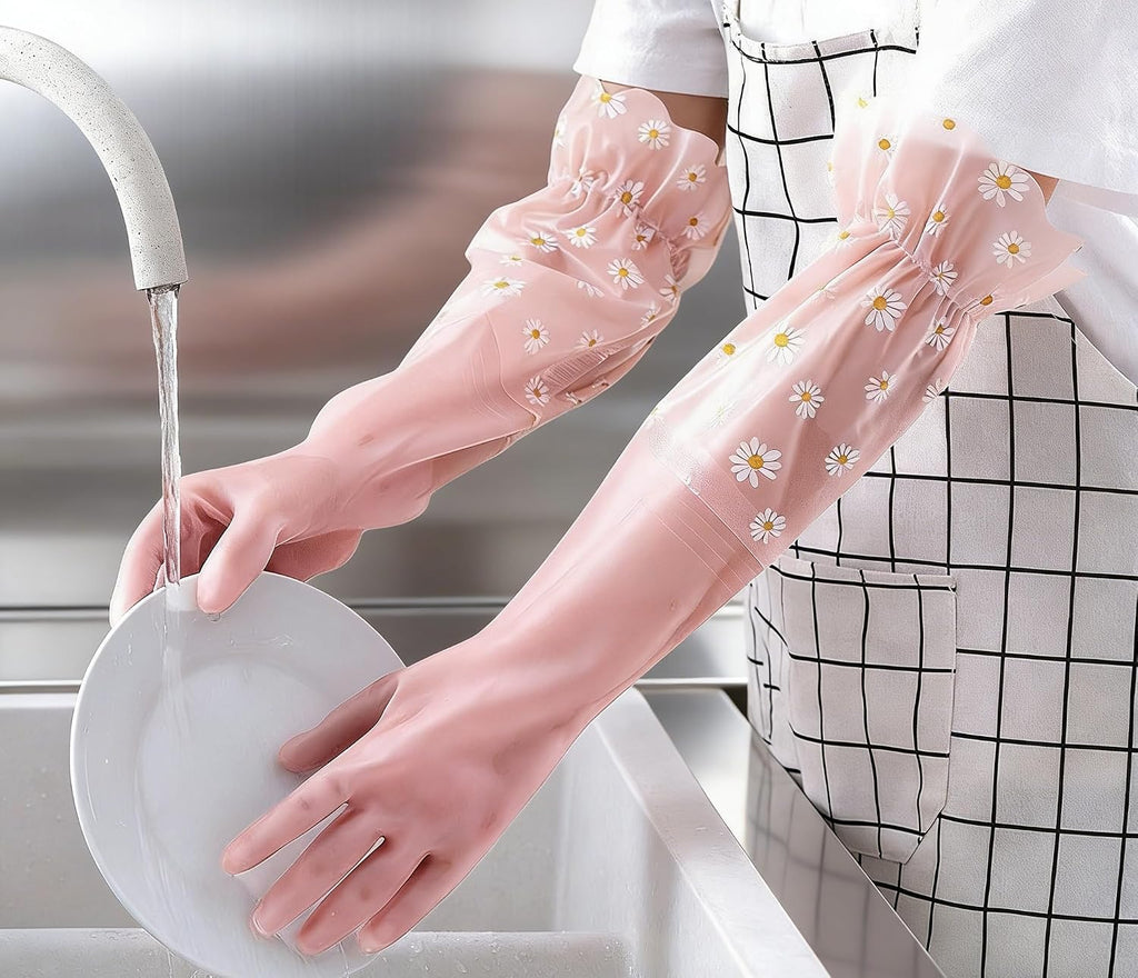 Dishwashing Cleaning Gloves Thick Waterproof Tear-Resistant Household Rubber Cleaning Gloves with Long Elastic Cuffs for Kitchen Laundry Fruits Gardening (Pink, Lace)