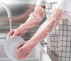 Dishwashing Cleaning Gloves Thick Waterproof Tear-Resistant Household Rubber Cleaning Gloves with Long Elastic Cuffs for Kitchen Laundry Fruits Gardening (Pink, Lace)