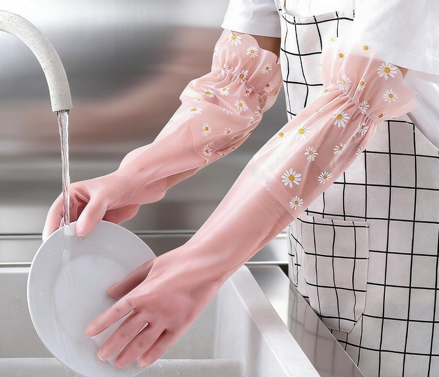Dishwashing Cleaning Gloves Thick Waterproof Tear-Resistant Household Rubber Cleaning Gloves with Long Elastic Cuffs for Kitchen Laundry Fruits Gardening (Pink, Lace)