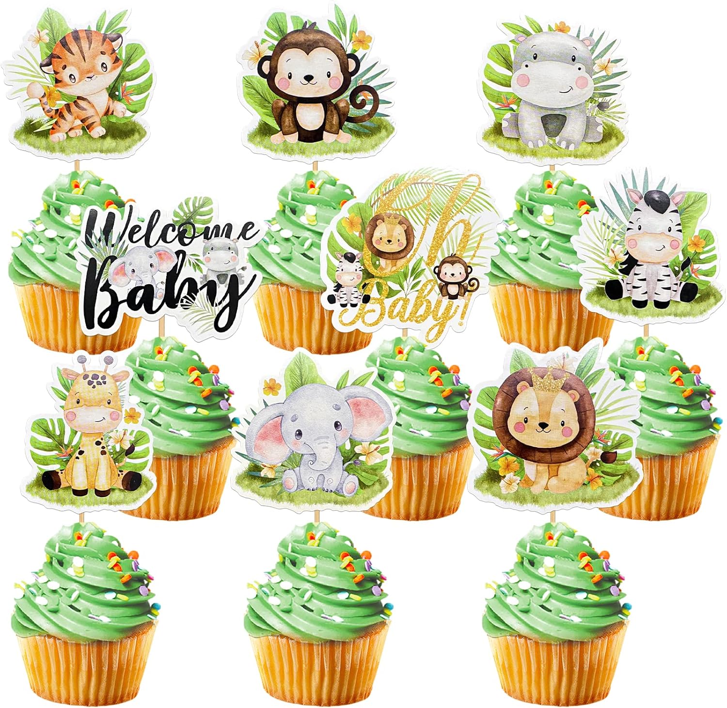 Weecent 45 Pcs Safari Baby Shower Cupcake Toppers Jungle Animals Oh Baby Party Decorations Safari Theme Cupcakes Toppers for Boys Kids Nursery Wild Party Supplies