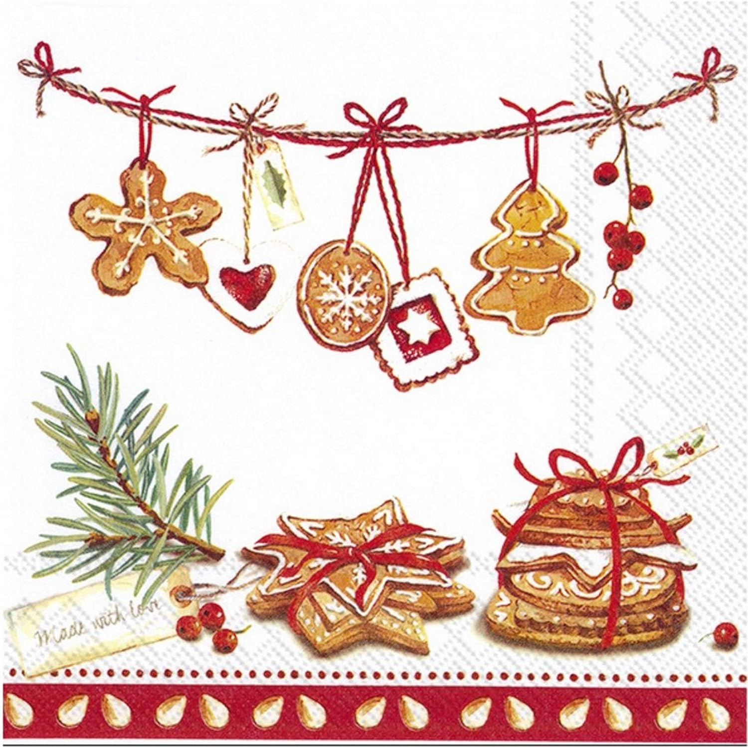 IHR 20 Luxury Paper Christmas Luncheon Napkins- Cookies, Made with Love (Red)