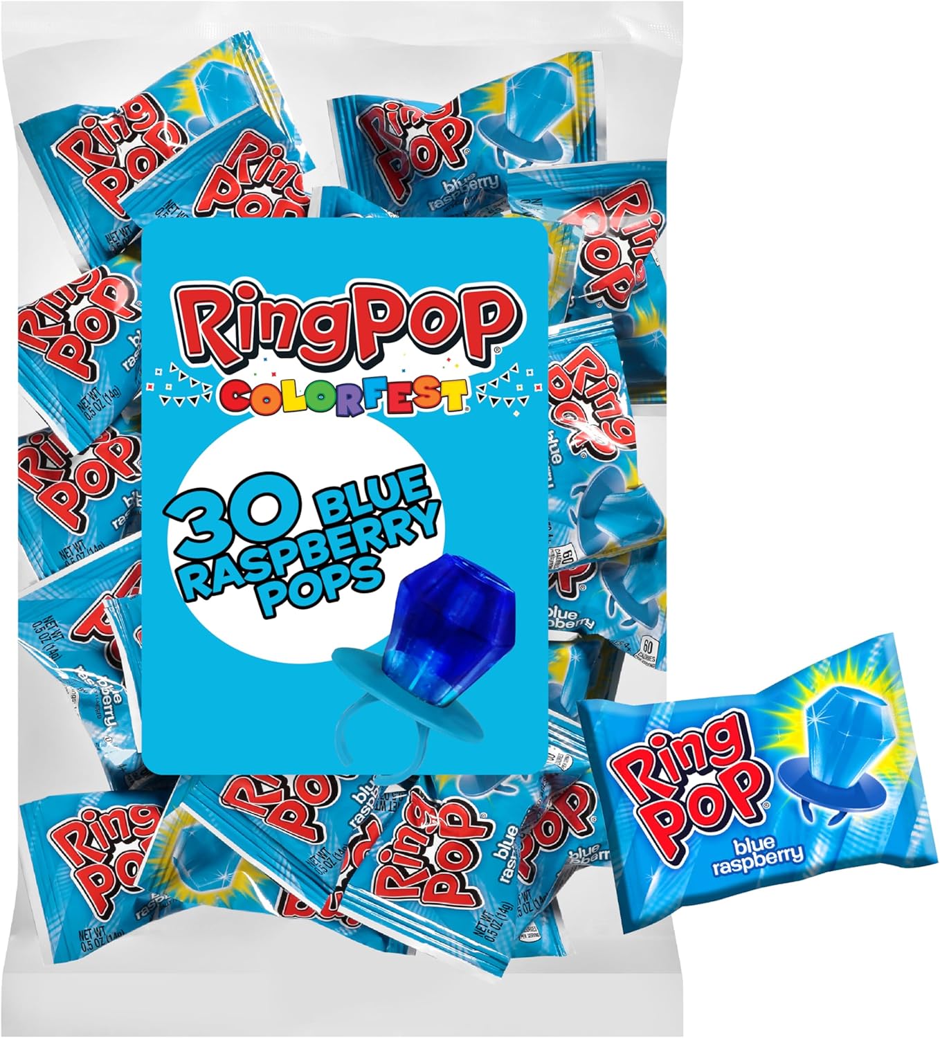 Ring Pop Blue Easter Candy, 30 Ct Individually Wrapped Bulk Lollipop Pack, Blue Raspberry Flavored Lollipop Suckers for Kids, Fun Candy Bulk for Easter Basket Stuffers, Egg Fillers, Party Favors