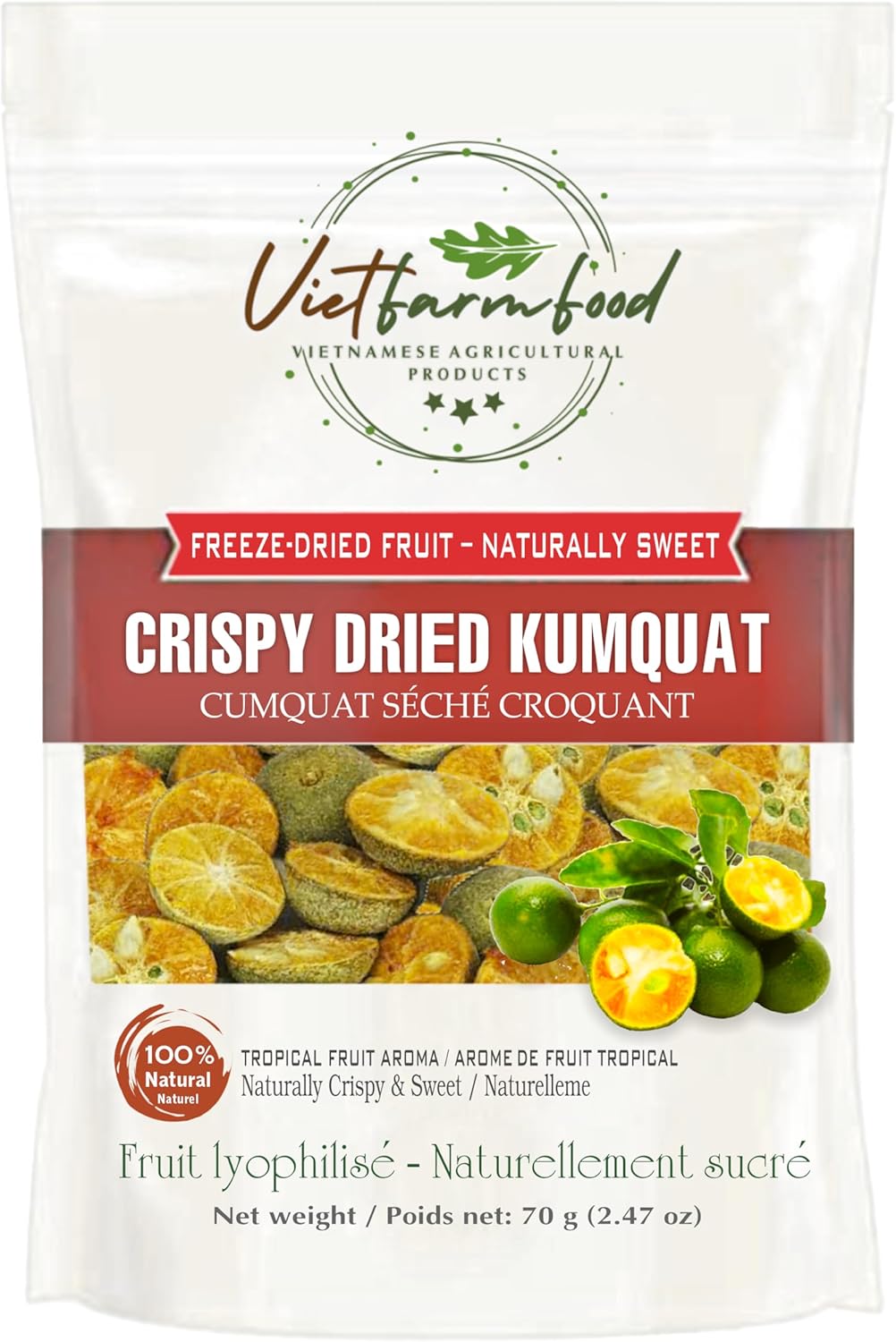 CRISPY DRIED KUMQUAT 2.47 oz (70g) VIETFARMFOOD: Freeze-dried, no sugar added, naturally sour. Nutritious, pure, and crunchy. Great for snacking, toppings, desserts or healthy gifting