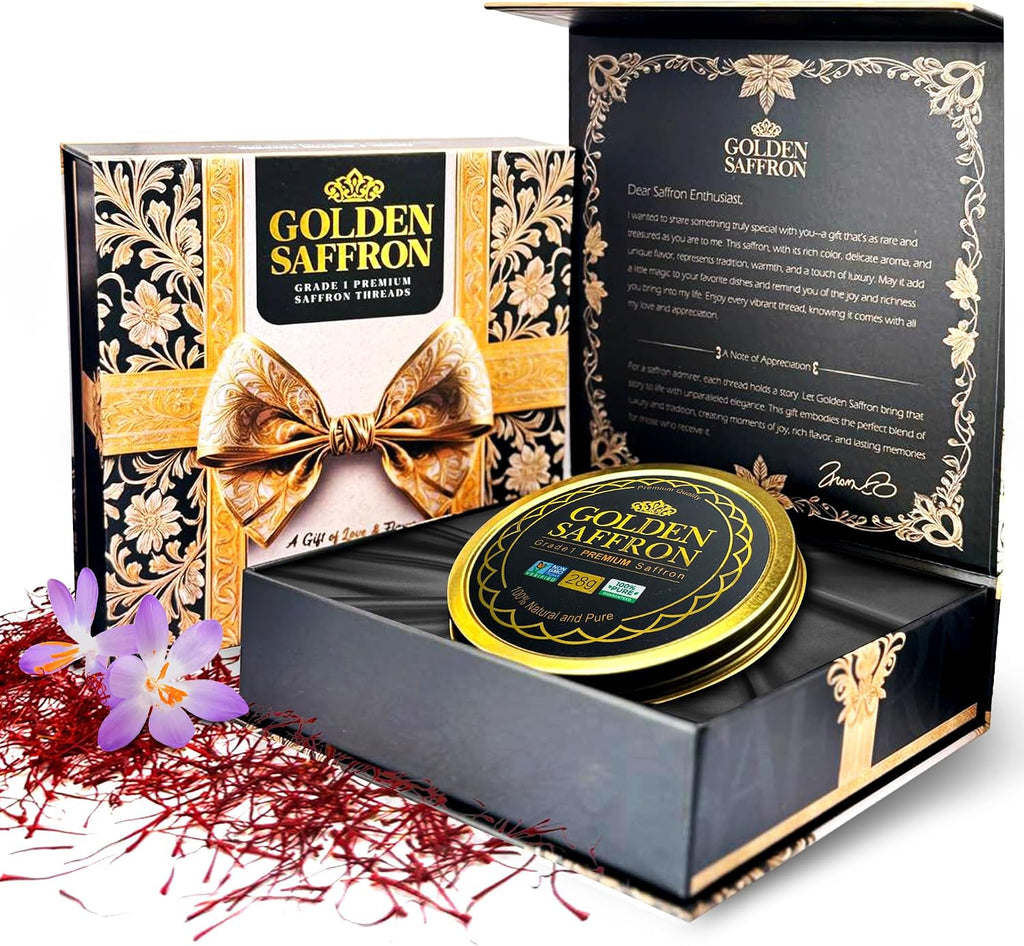 Golden Saffron Luxtury Gift Box, Premium All Red Saffron Threads, Grade A+ Super Negin, Perfect For Any Occasions Non-GMO Verified for Tea, Paella, Rice, Desserts, and Risotto (10.0 Grams Gift Box)