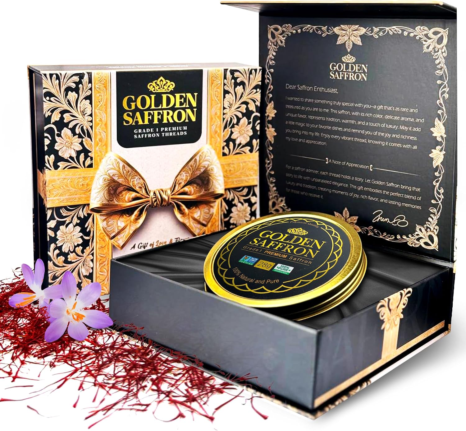 Golden Saffron Luxtury Gift Box, Premium All Red Saffron Threads, Grade A+ Super Negin, Perfect For Any Occasions Non-GMO Verified for Tea, Paella, Rice, Desserts, and Risotto (10.0 Grams Gift Box)