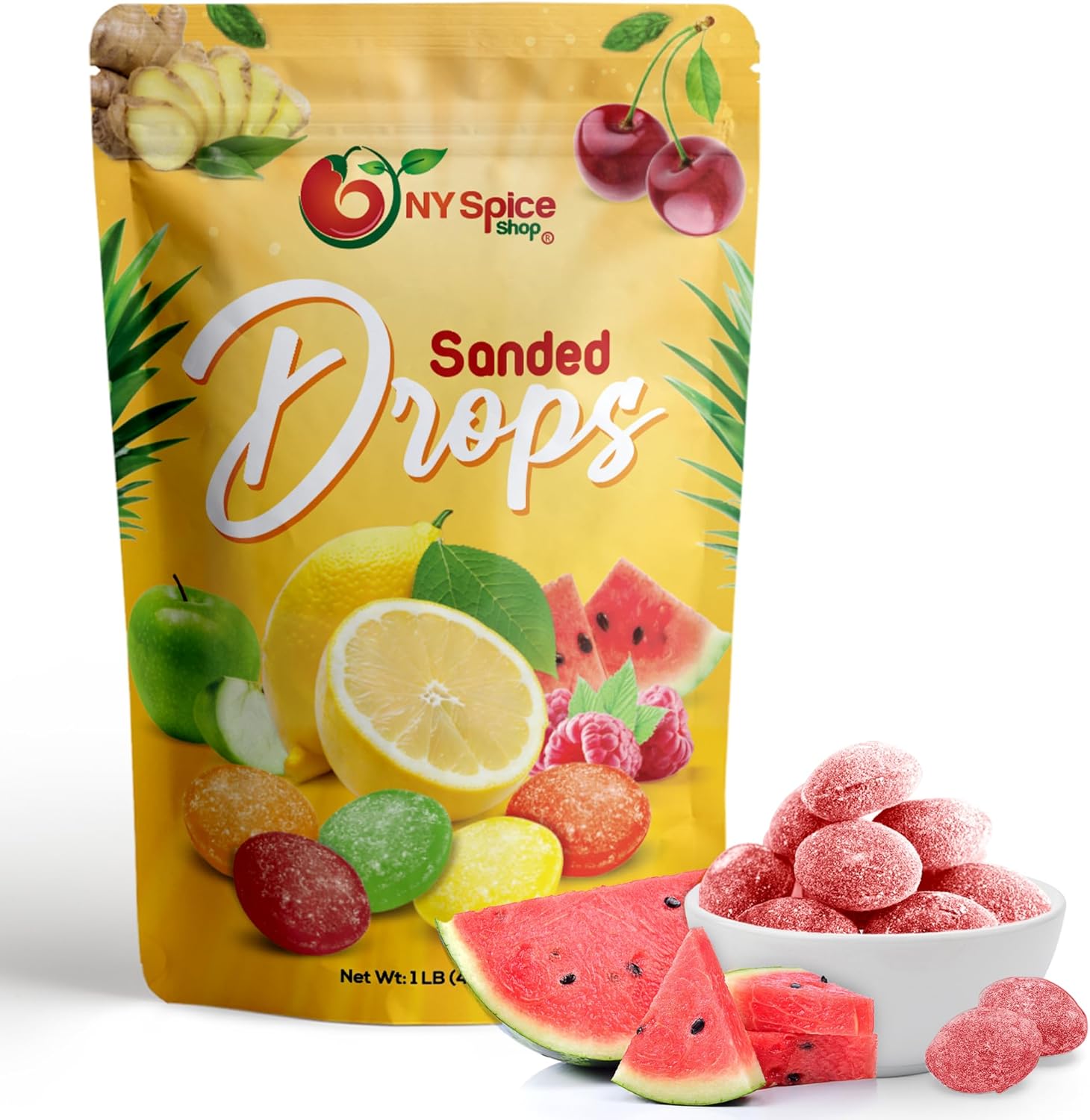 NY SPICE SHOP Watermelon Sanded Candy Drops - 1 Pound Old Fashioned Sanded Drops - Fresh Delicious Bulk Candy - Sanded Hard Candy - Sour Drops Candy - Tangy and Sweet Healthy Snacks