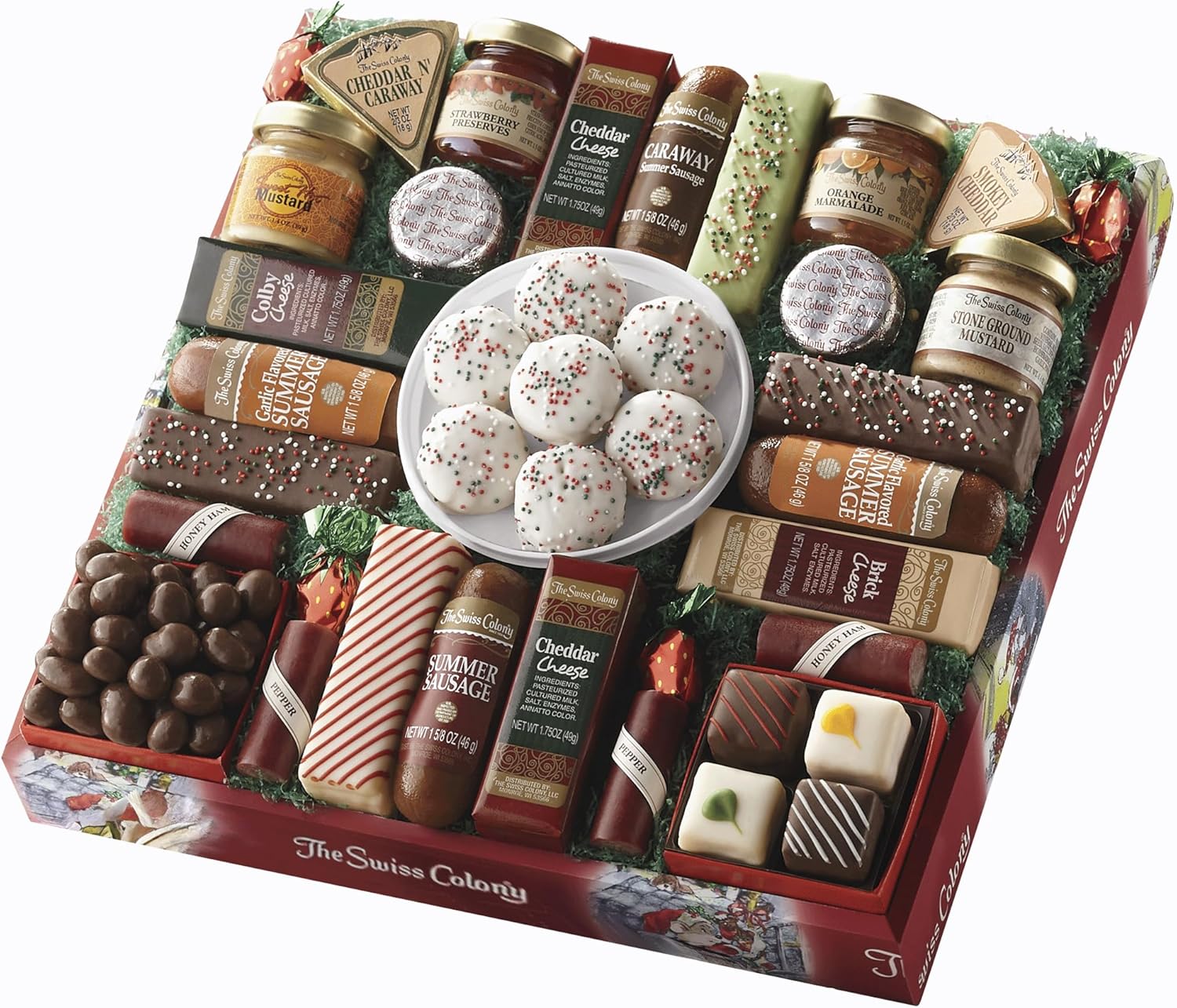 The Swiss Colony 27 Favorites Food Gift Set, Summer Sausage Meats and Cheeses, Assorted Chocolates, Candies, Petits Fours, Cheese & Charcuterie Board Gifts Basket, Holiday, Christmas - Holiday Red Box