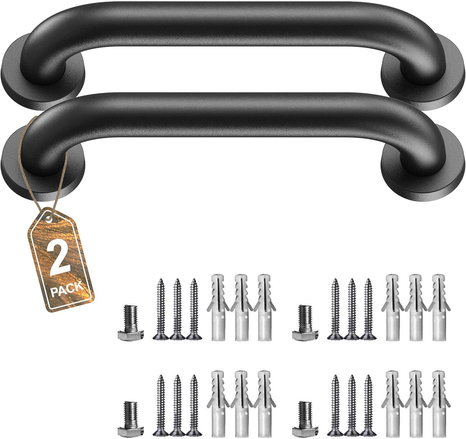 16" Stair Handrail, Wall-Mounted Safety Grab Bar for Indoor & Outdoor Steps, Rustic Pipe Design, Black (2 Sets)