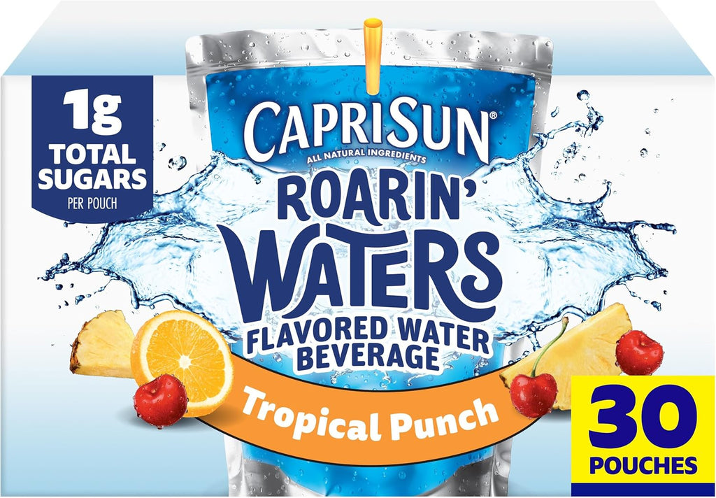 Capri Sun Roarin' Waters Tropical Punch Flavored with other natural flavor Water Beverage, 30 ct Box, 6 fl oz Drink Pouches