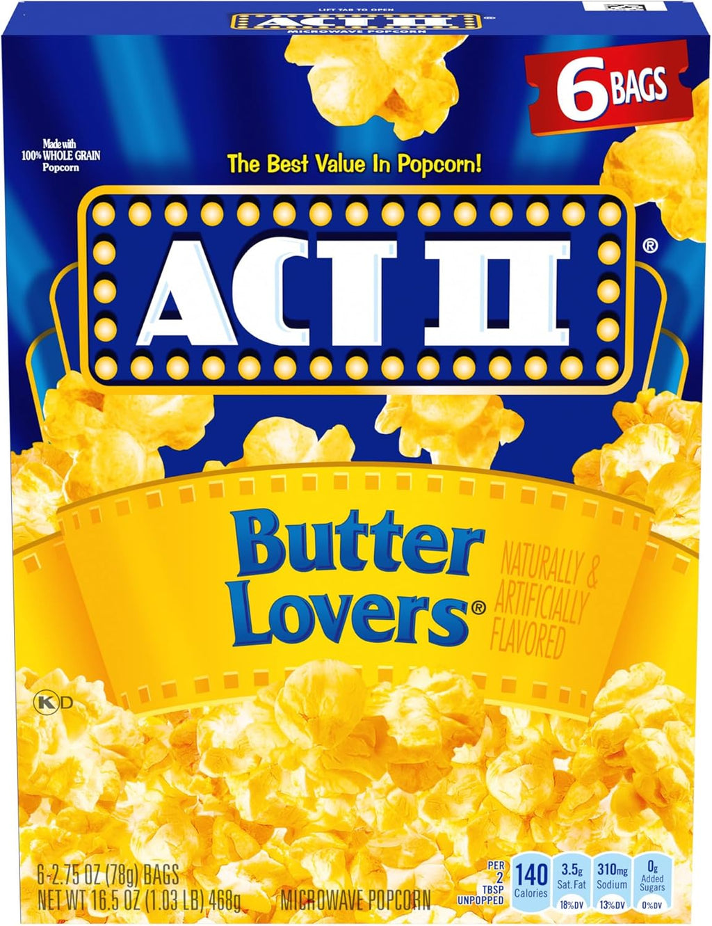 Act II Butter Lovers Microwave Popcorn, 2.75 oz, 6-Count Bags