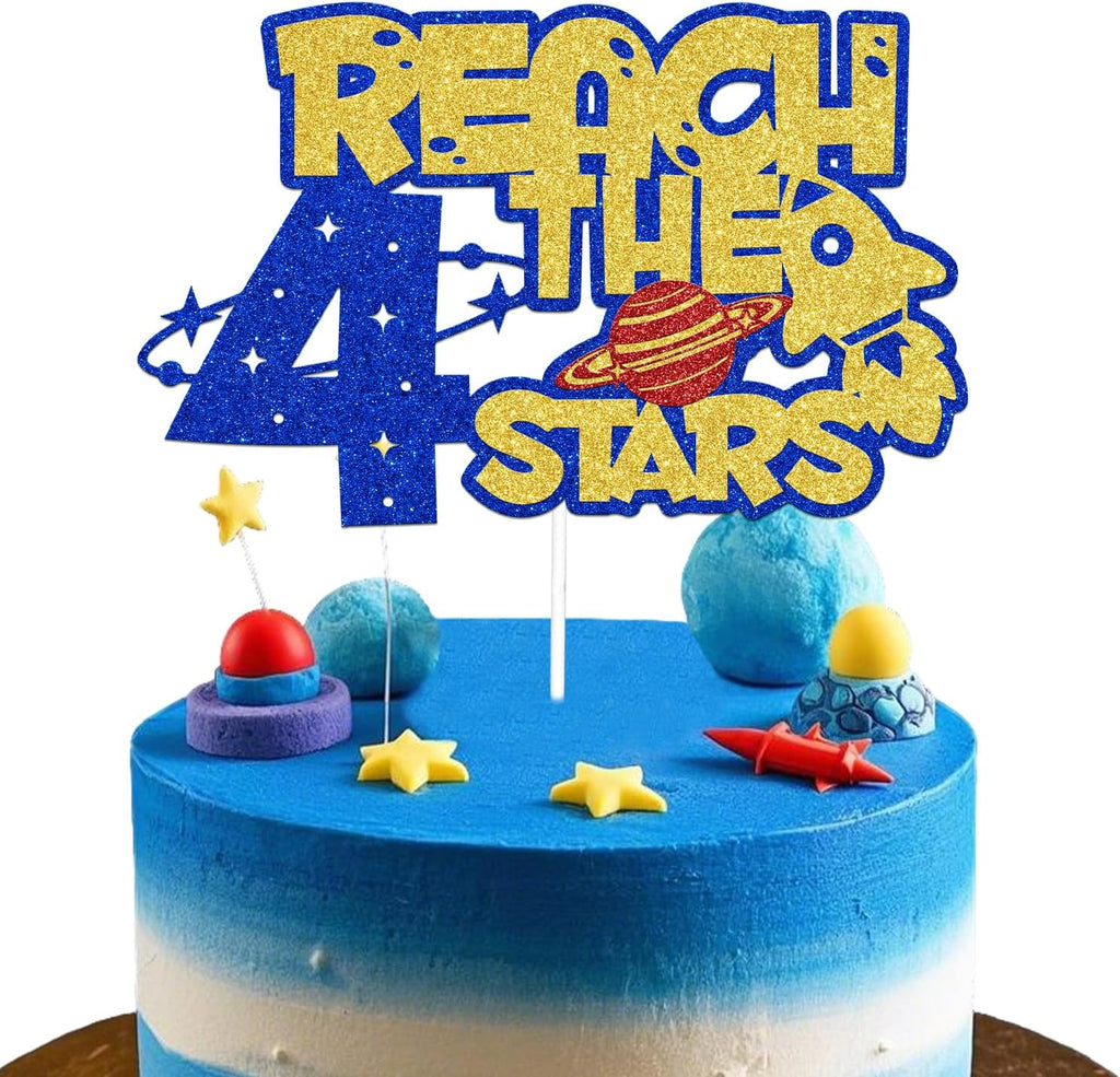 Reach 4 the Stars Cake Topper,Outer Space Four Years Birthday Party Cake Picks,Kids 4th Birthday,Rocket Space Theme 4th Birthday Party Decorations Blue Gold Red
