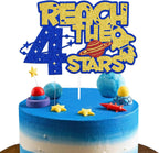 Reach 4 the Stars Cake Topper,Outer Space Four Years Birthday Party Cake Picks,Kids 4th Birthday,Rocket Space Theme 4th Birthday Party Decorations Blue Gold Red