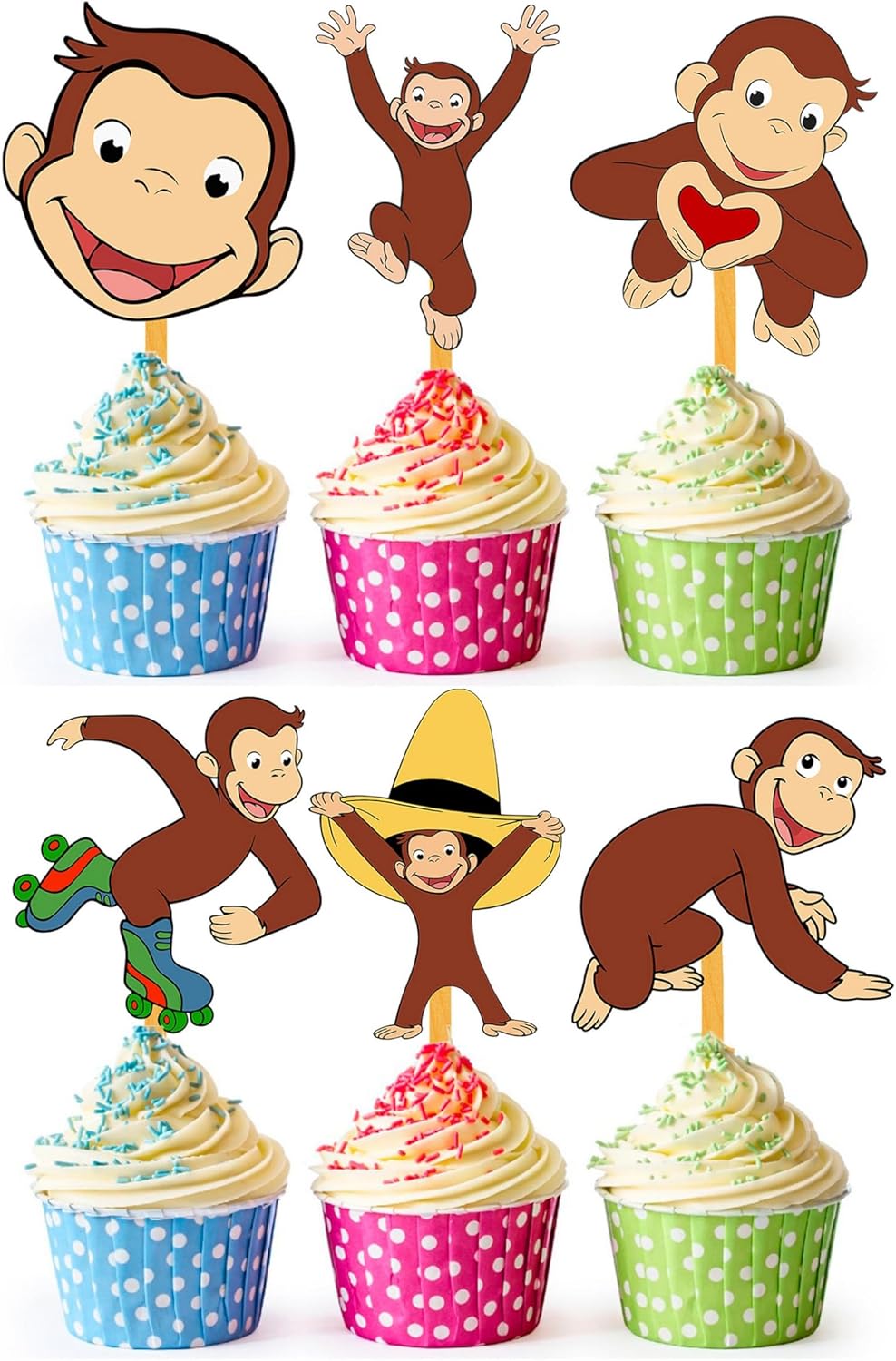 24x Curious Monkey Cupcake Toppers – Strong Picks Happy Birthday Décor, Cupcake Decorations for Kids Birthdays