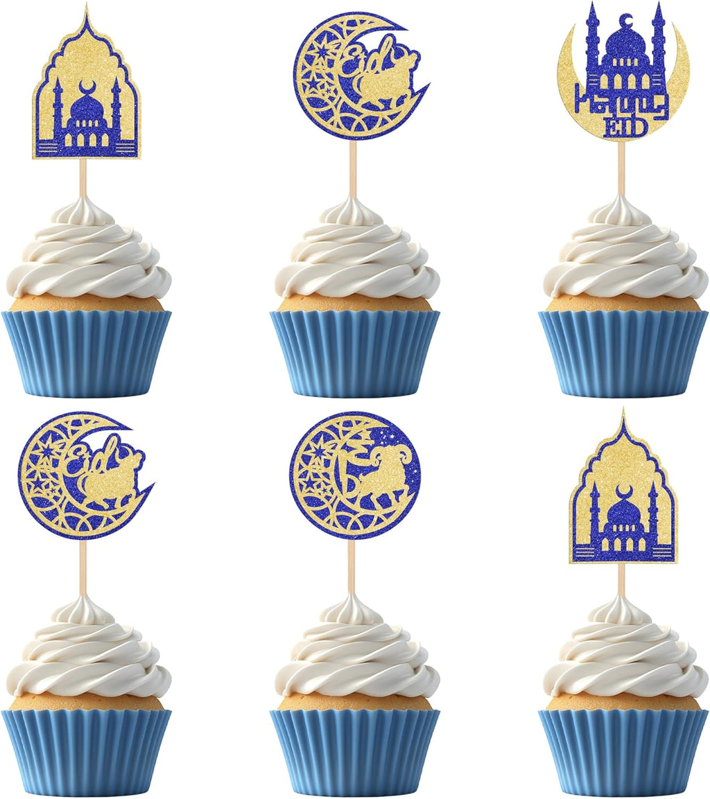 24 PCS Eid Mubarak Cake Toppers Set Gold Blue Ramadan Kareem Cupcake Toppers Crescent Moon & Mosque Islamic Cake Decorations for Muslim Festival Theme Eid al-Fitr Party Decorations Supplies