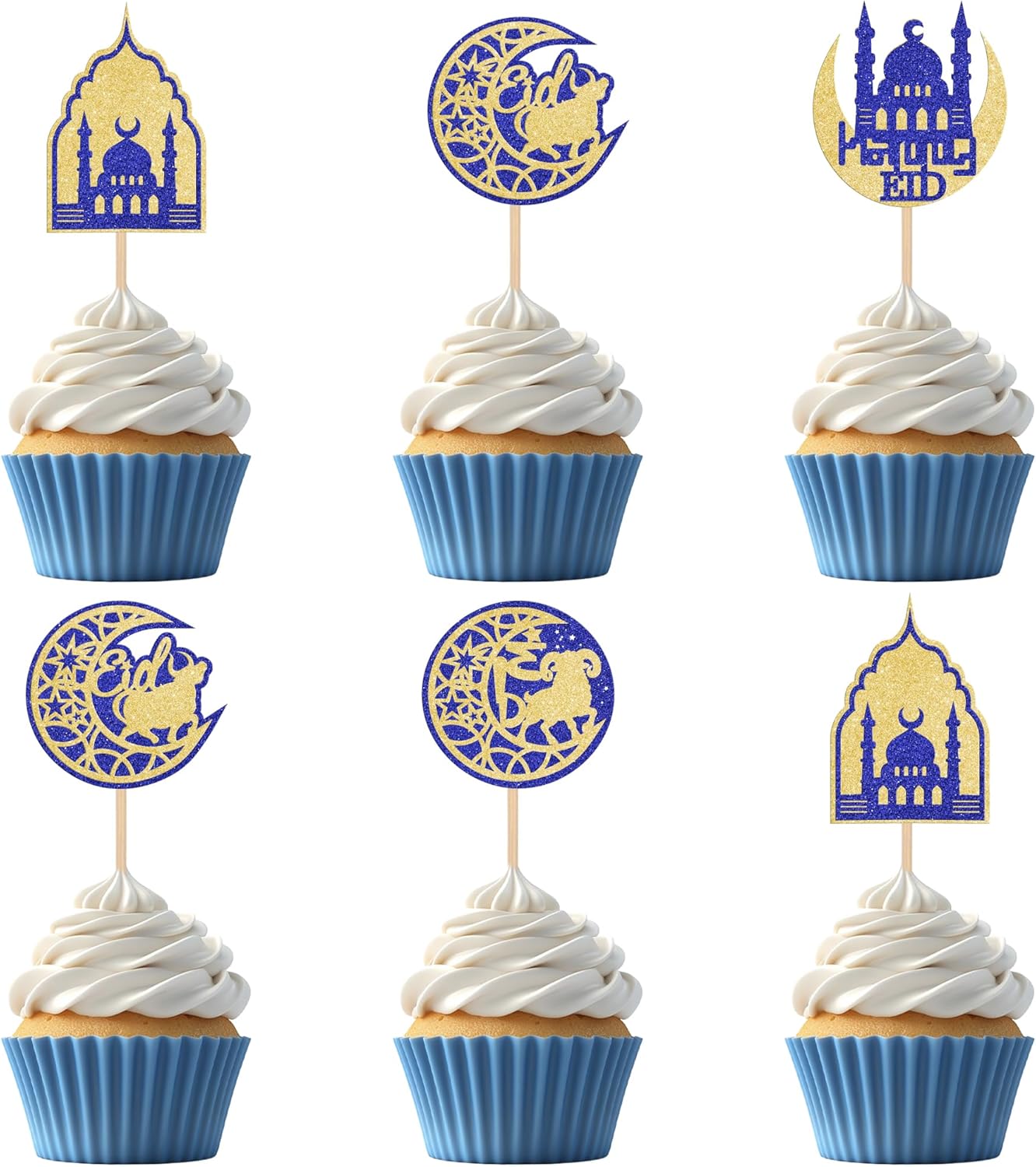24 PCS Eid Mubarak Cake Toppers Set Gold Blue Ramadan Kareem Cupcake Toppers Crescent Moon & Mosque Islamic Cake Decorations for Muslim Festival Theme Eid al-Fitr Party Decorations Supplies