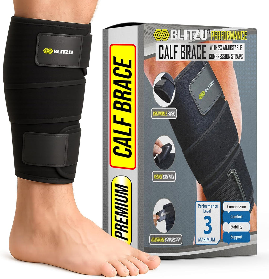 BLITZU Calf Brace for Torn Calf Muscle, Adjustable Neoprene Compression Sleeve for Women, Men, Runners. Support Wrap for Shin Splints, Strain, Tear, Lower Leg Tibia Injury, and Pain Relief. S-M