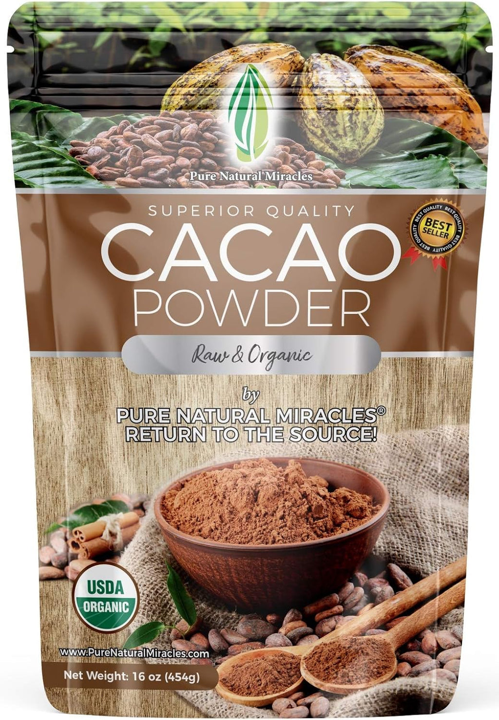 Pure Natural Miracles Cacao Powder Organic - Raw, Unsweetened, Non-Alkalized Cocoa - Ceremonial Grade, Single-Origin from Ecuador - Perfect for Hot Chocolate, Smoothies or Baking - 16 oz