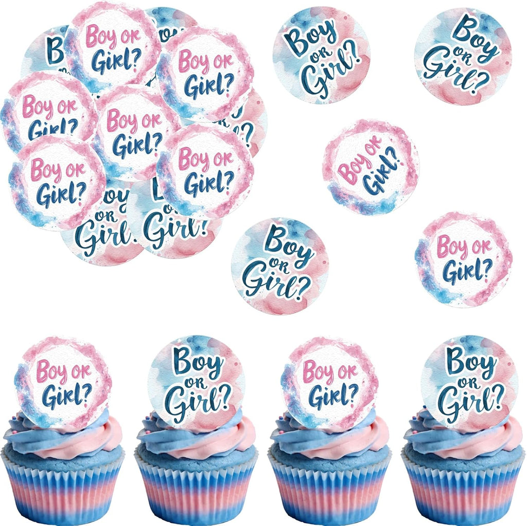 48 Pack Edible Boy or Girl Cupcake Toppers Wafer Paper Gender Reveal Cupcake Picks Baby Shower Cake Decor for Gender Reveal Party Cake Decorations Supplies