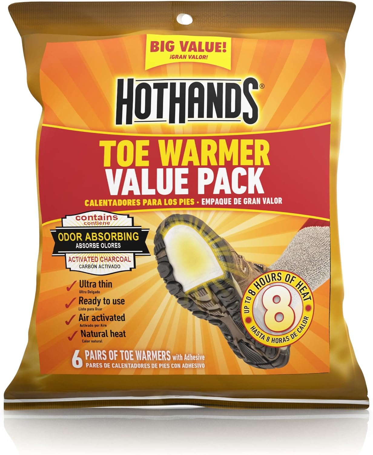 HotHands Toe Warmers - Long Lasting Safe Natural Odorless Air Activated Warmers - Up to 8 Hours of Heat - 6 Pair