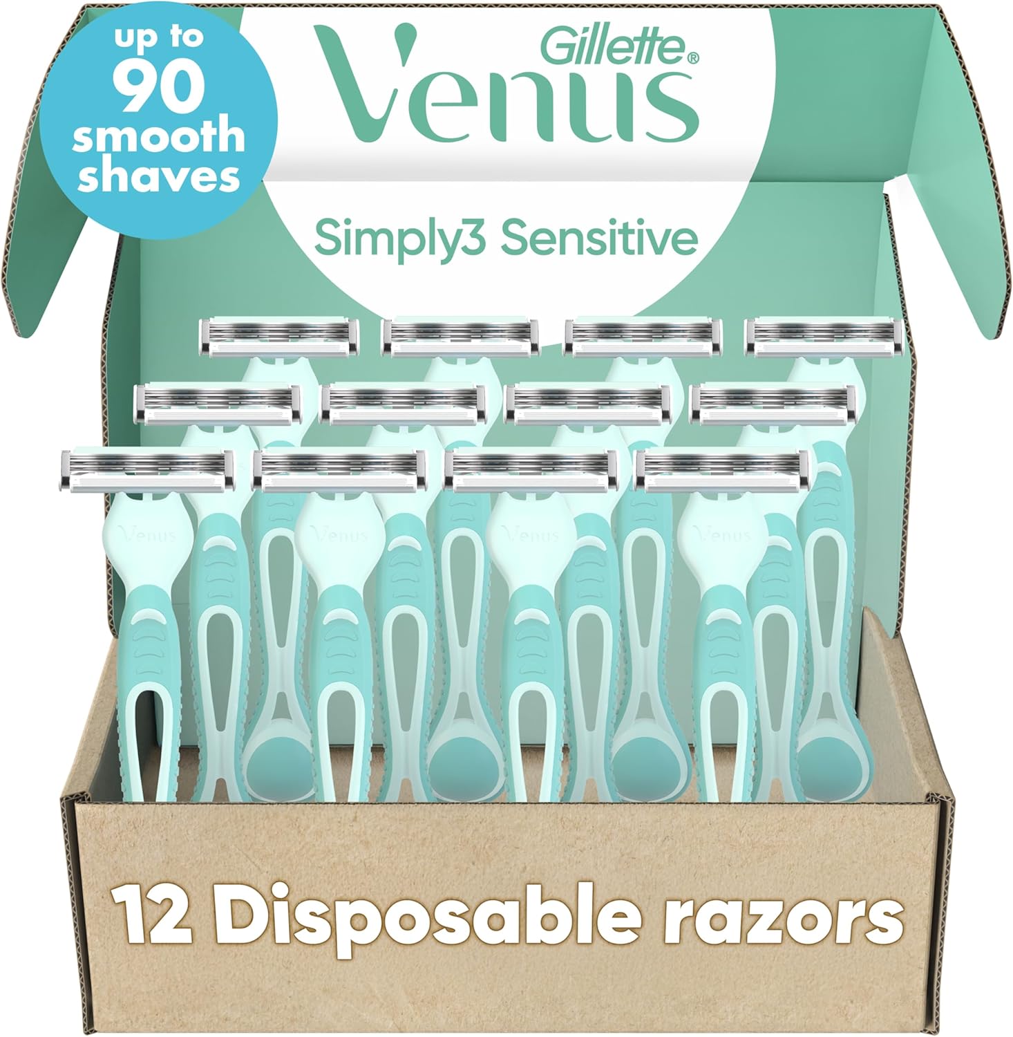 Gillette Venus Simply 3 Sensitive Disposable Razors, Sensitive Skin, 3 Bladed Razors, Pivoting Head for Incredible Comfort, Soft Grip Handle, 12 Count