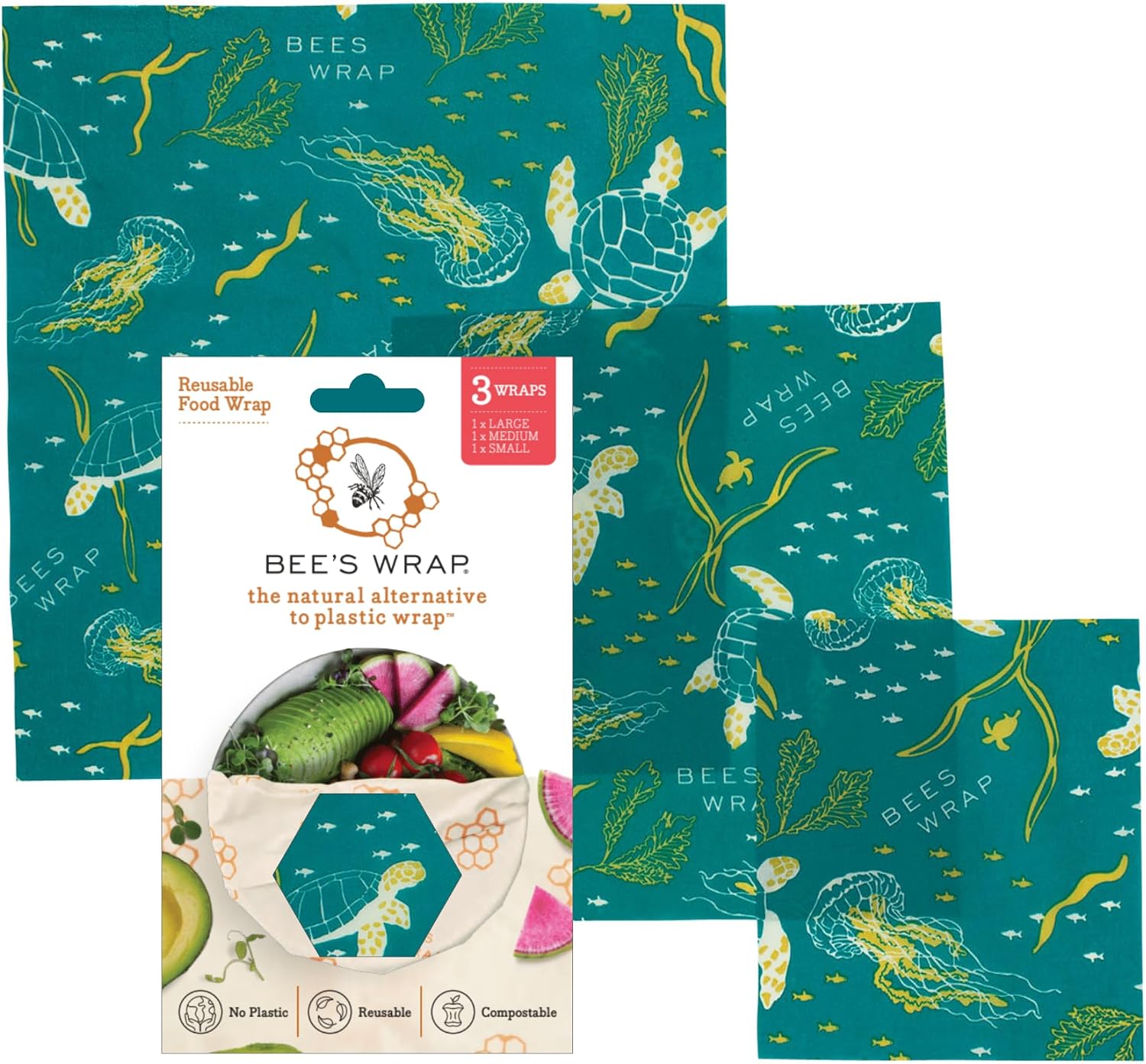 Bee's Wrap Beeswax Wraps for Food - 3 Pack of Assorted Beeswax Wraps - Small, Medium & Large Wrap - Made in USA Reusable Natural Food Wrap - Ocean Print
