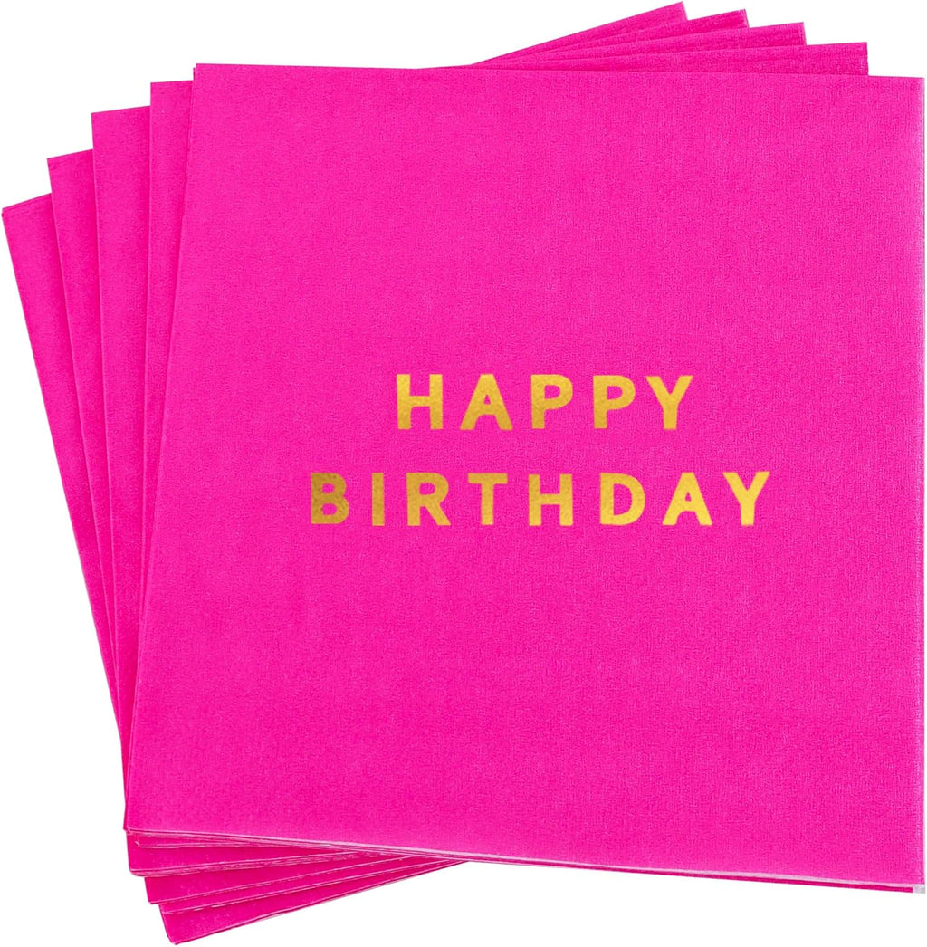 Vuzvuv 52 Pack Gold Foil Happy Birthday Cocktail Napkins - Birthday Party Dinner Hand Napkin for Party Supplies Decorations Table Decor for women man(5" Folded 3 Ply-Hot Pink)