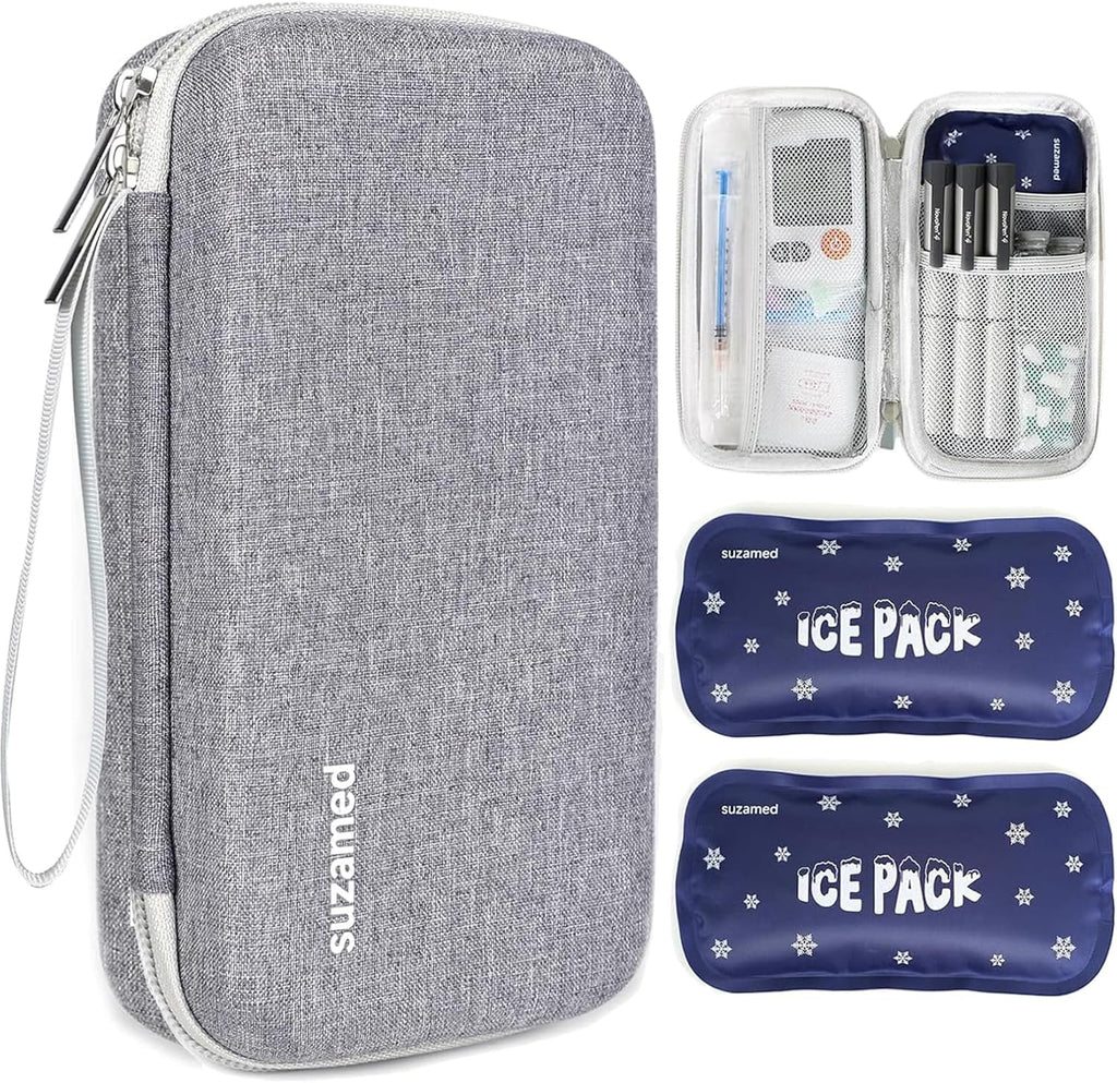 suzamed Insulin Cooler Travel Case,EVA Insulation Travel Medicine Kit with 2 Ice Packs for Diabetes Care,Insulin Pen and Other Diabetic Supplies (Grey)