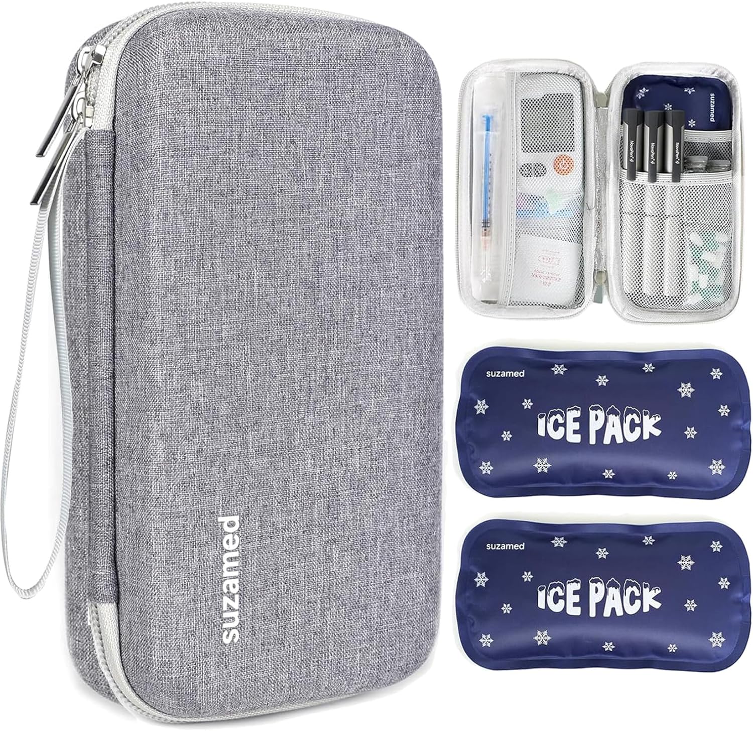 suzamed Insulin Cooler Travel Case,EVA Insulation Travel Medicine Kit with 2 Ice Packs for Diabetes Care,Insulin Pen and Other Diabetic Supplies (Grey)