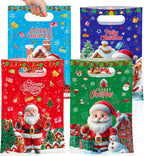 50 Pcs Merry Christmas Gift Bags with Handles-Cute Xmas Goodie Bag Santa Claus Plastic Goody Candy Cookie Snack Treat Party Favor Bags Bulk for Winter Holiday Christmas Party Supplies Favors, 4 Style