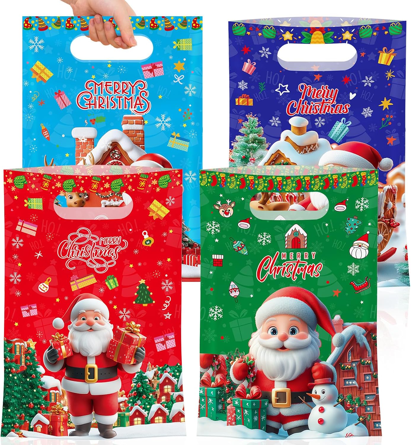 50 Pcs Merry Christmas Gift Bags with Handles-Cute Xmas Goodie Bag Santa Claus Plastic Goody Candy Cookie Snack Treat Party Favor Bags Bulk for Winter Holiday Christmas Party Supplies Favors, 4 Style